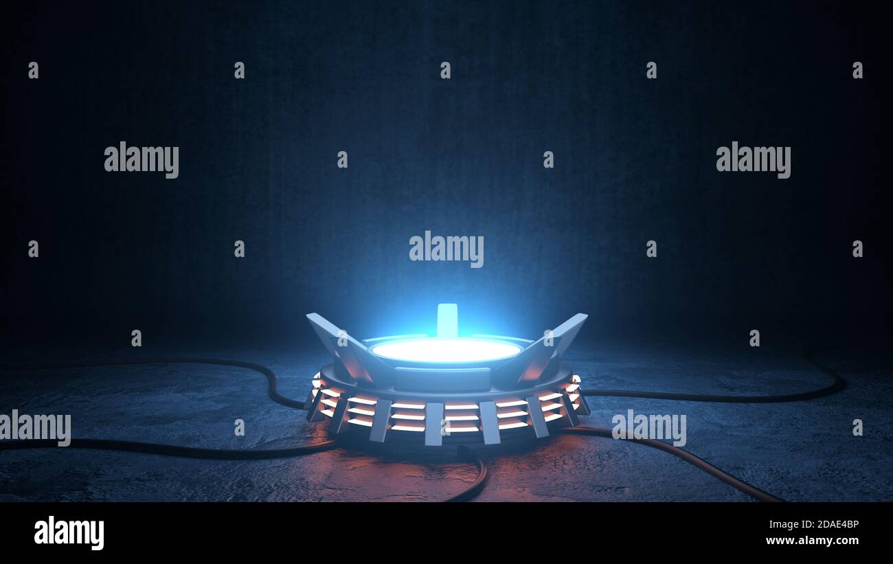 Prodotto piedistallo design techno mockup. Podio vuoto e luminoso, palco di illustrazione 3D con faretti per la pubblicità dei prodotti. Foto Stock