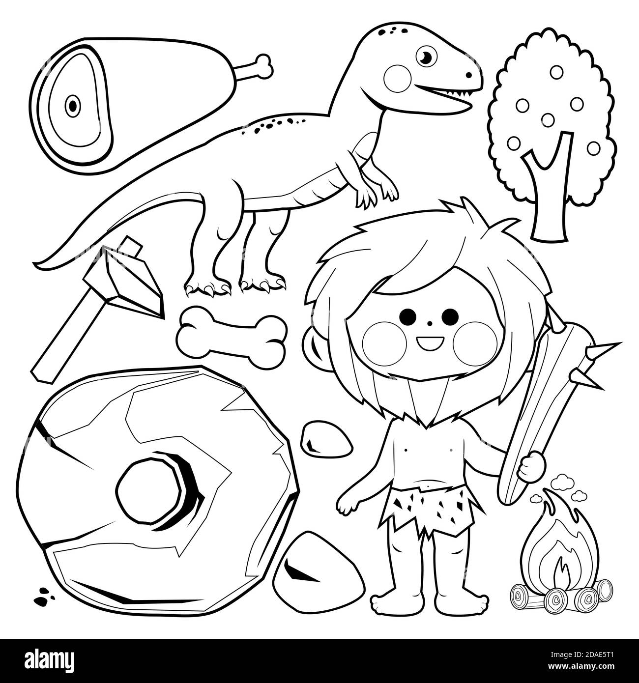 Caveman preistorico e set di dinosauri. Pagina da colorare in bianco e nero Foto Stock