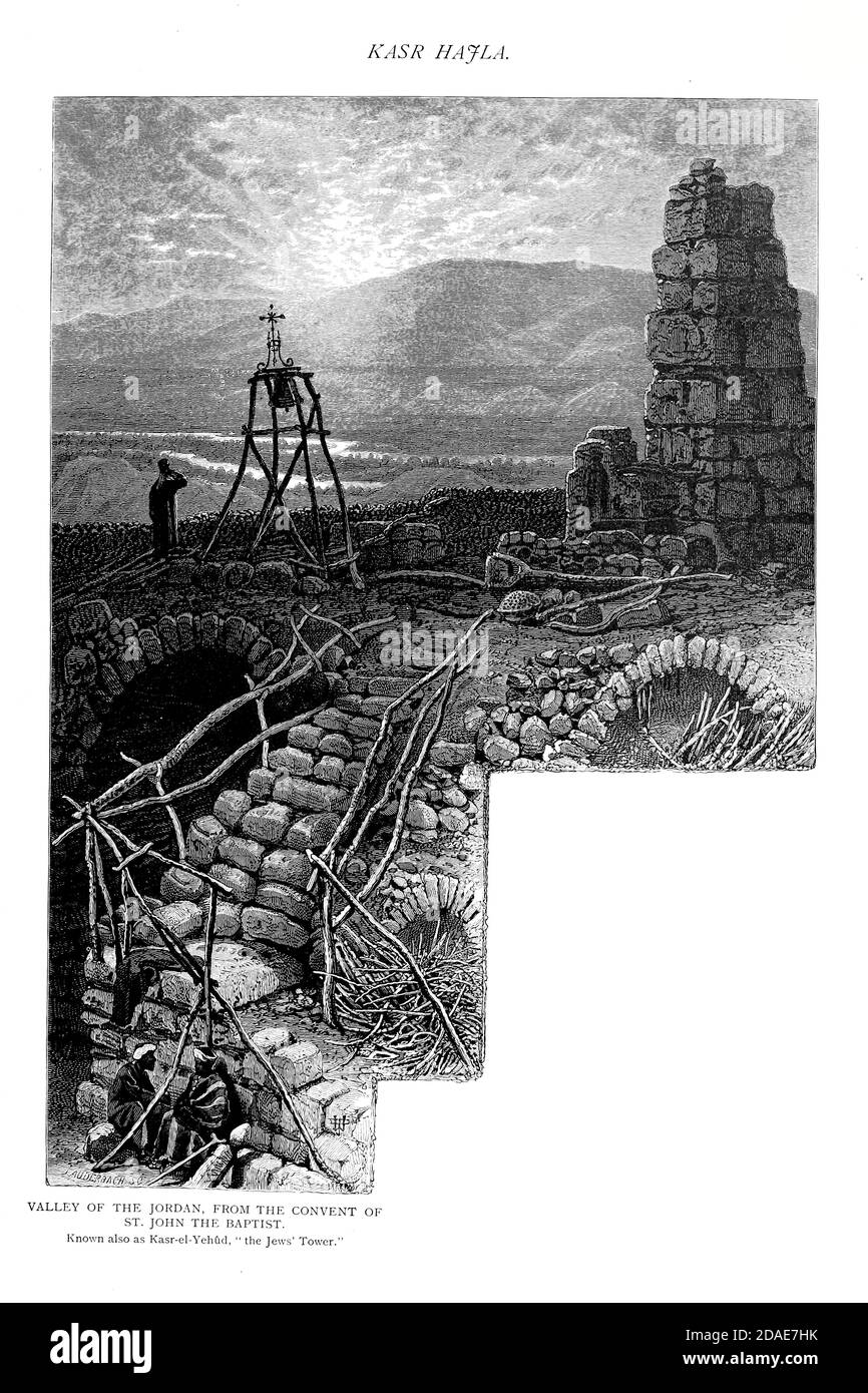 Valle del Giordano dal Convento di San Giovanni Battista conosciuto come Kasr-el-Yehud [Qasr-al-Yahud] la Torre degli Ebrei. Dal libro pittoresco Palestina, Sinai, ed Egitto dal colonnello Wilson, Charles William, Sir, 1836-1905. Pubblicato a New York da D. Appleton and Company nel 1881 con incisioni in acciaio e legno da disegni originali di Harry Fenn e J. D. Woodward Volume 1 Foto Stock