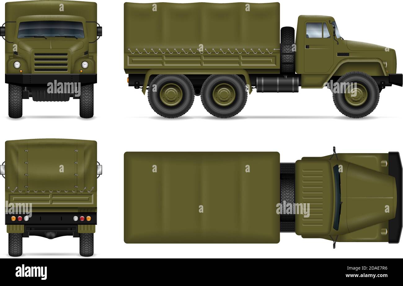Mockup vettoriale isolato per autocarri militari su sfondo bianco. Veicolo militare con vista laterale, anteriore, posteriore e superiore. Illustrazione Vettoriale