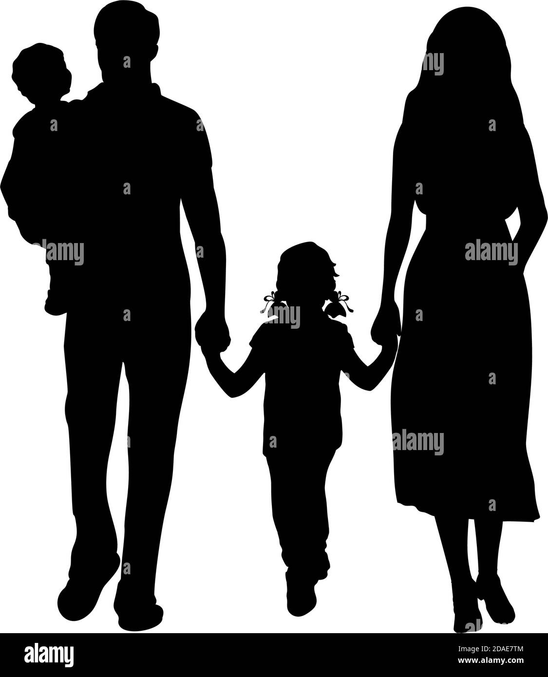 Silhouette di famiglia padre madre figlia e piccolo figlio in braccia Illustrazione Vettoriale
