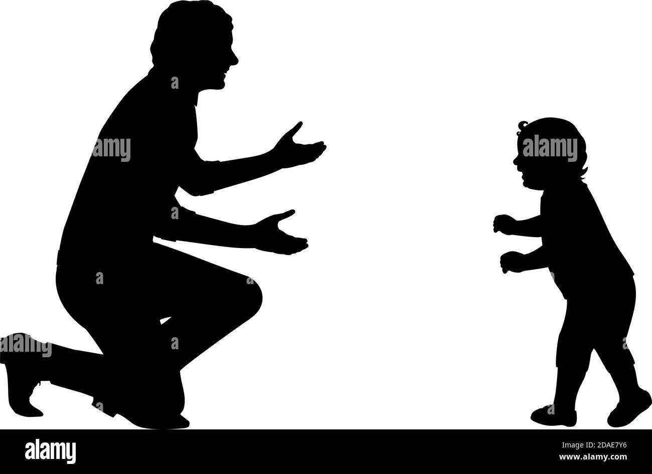 Silhouette piccolo bambino che cammina per incontrare suo padre Illustrazione Vettoriale