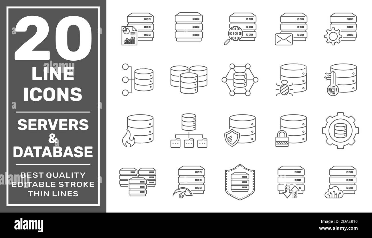 Insieme di icone di linea relative alla rete e all'hosting. Insieme di icone lineari vettoriali per server e database. Tratto modificabile. EPS 10 Illustrazione Vettoriale