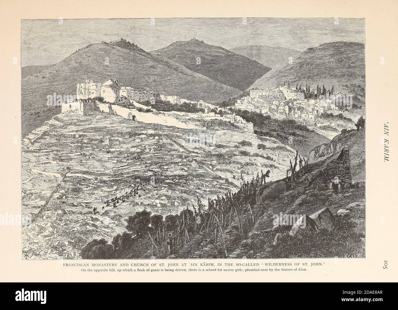 Monastero francescano e Chiesa di San Giovanni ad Ain Karim [Ein Karem], nella cosiddetta 'Wilderness di San Giovanni' e la scuola sorella di Sion per ragazze native. Dal libro pittoresco Palestina, Sinai, ed Egitto di Colonel Wilson, Charles William, Sir, 1836-1905. Pubblicato a New York da D. Appleton and Company nel 1881 con incisioni in acciaio e legno da disegni originali di Harry Fenn e J. D. Woodward Volume 1 Foto Stock