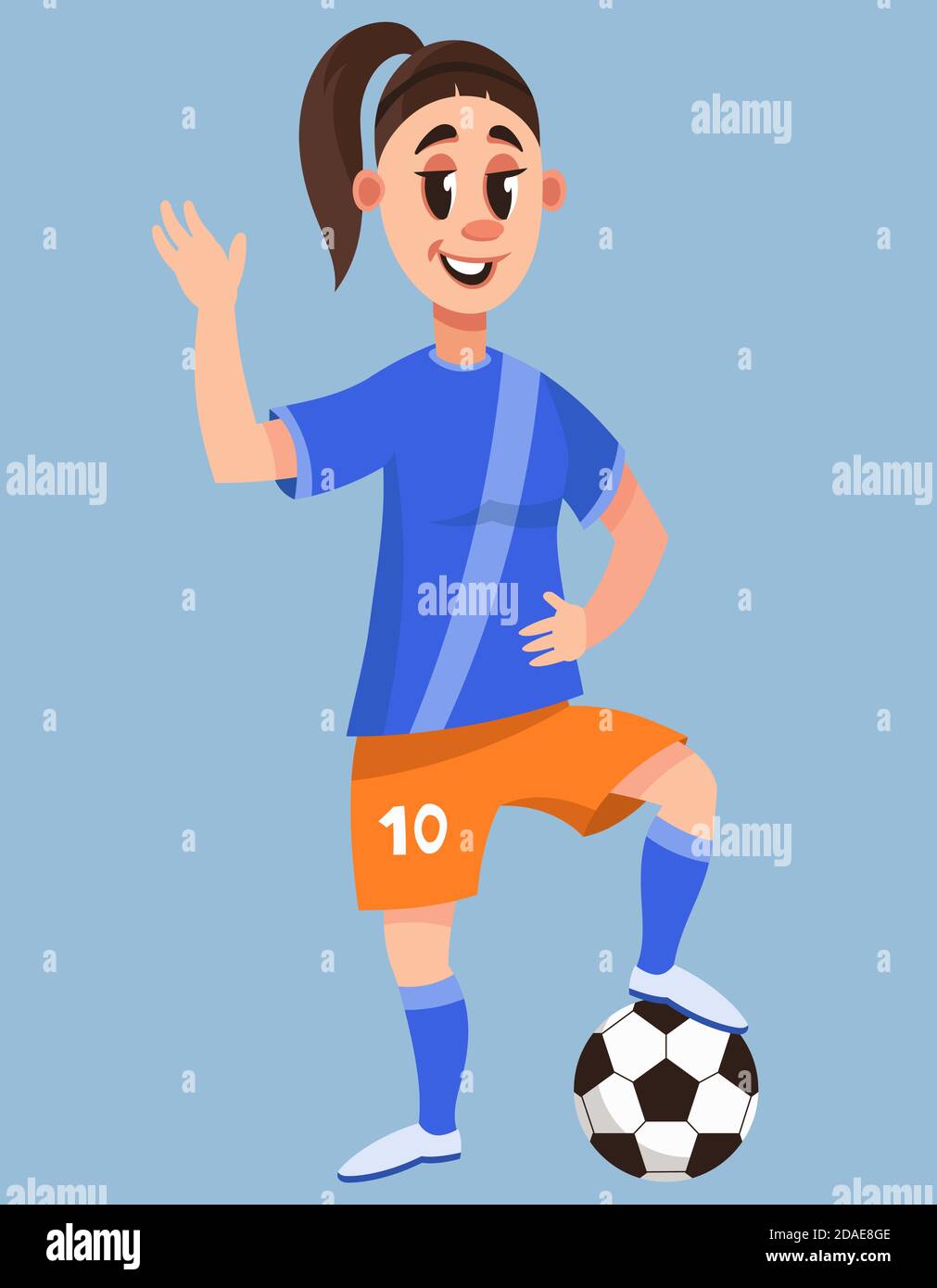 Femmina giocatore di calcio in piedi con palla. Carattere sorridente in stile cartoon. Illustrazione Vettoriale