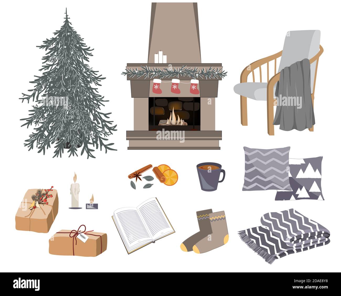 Vector accogliente set invernale con camino, sedia, regali, cuscini, e altre cose igge. Illustrazione del riscaldamento degli oggetti. Articoli per stagione fredda isolati su Illustrazione Vettoriale
