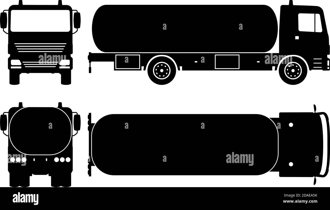 Silhouette autocisterna su sfondo bianco. Le icone monocromatiche del veicolo consentono di impostare la visualizzazione da lato, anteriore, posteriore e superiore Illustrazione Vettoriale