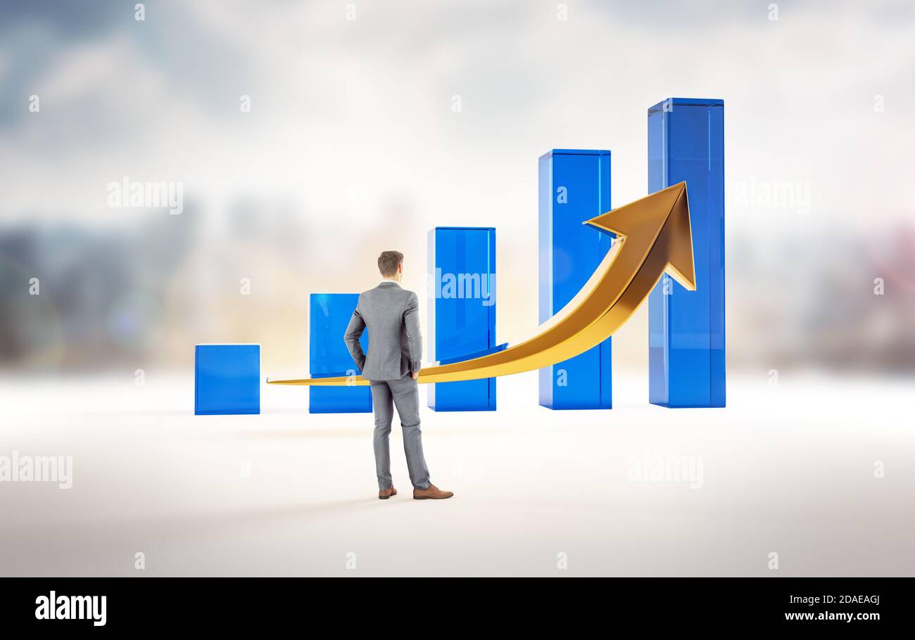 Grafico delle statistiche sulla crescita e il successo dell'azienda. Analisi aziendale di aumento del profitto di denaro. Aumento degli investimenti sul mercato finanziario. Uomo d'affari wathci Foto Stock