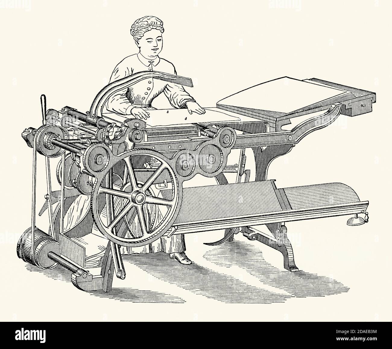 Una vecchia incisione di una donna che lavora in una macchina piegatrice di  carta utilizzata nell'industria della stampa. E 'da un libro di ingegneria  meccanica vittoriana del 1880. Questa 'piegatrice di coltelli'