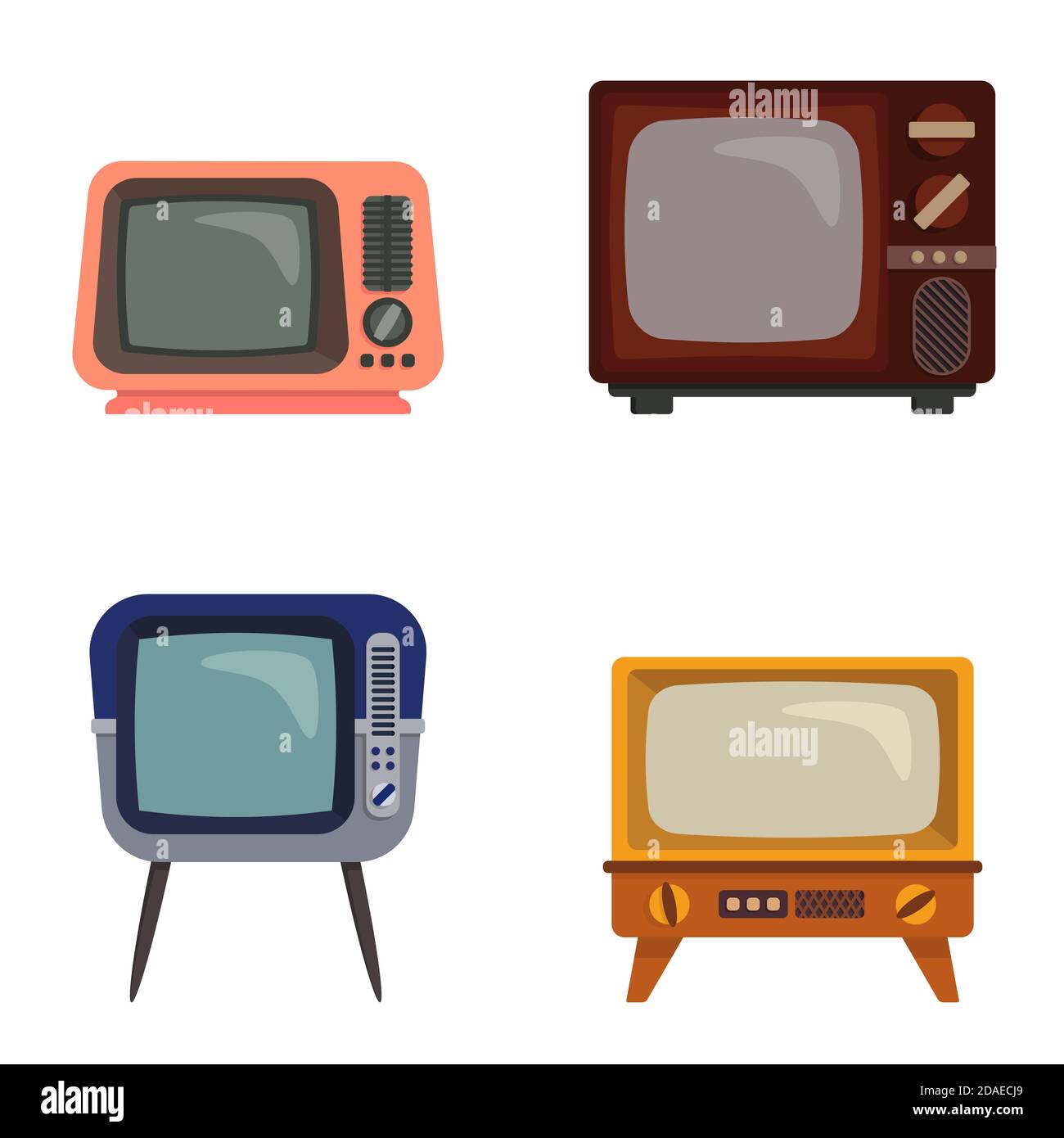 Set di televisori retro diversi. Vecchi televisori in stile cartoon. Illustrazione Vettoriale