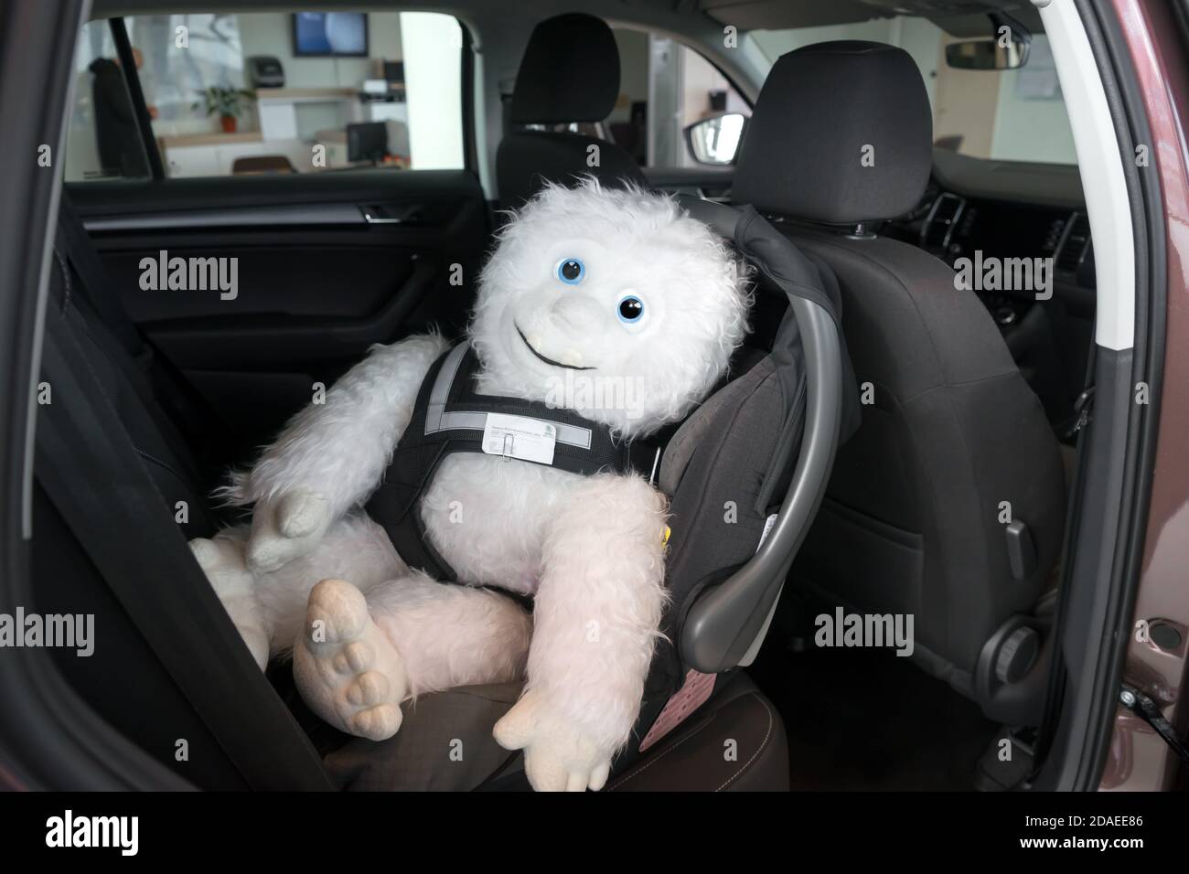 Il giocattolo morbido si trova nel seggiolino per bambini, fissato con una cintura di sicurezza per cani, all'interno dell'auto. Foto Stock