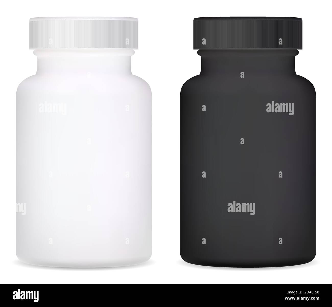 Supplemento bottiglia. Flacone di plastica di vitamina isolato su sfondo bianco. Giara medica nero mockup per compressa o capsula. Con. Farmaceutico Illustrazione Vettoriale