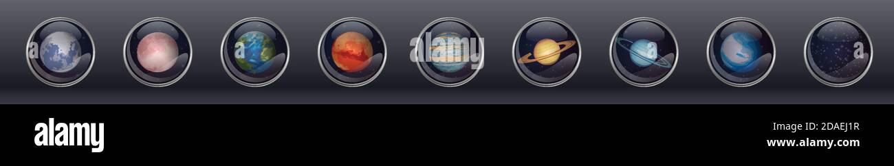 bottoni in vetro con sistema solare planets etichetta astronomica. medaglie realistiche in acciaio argento spazio con stelle e pianeta Illustrazione Vettoriale