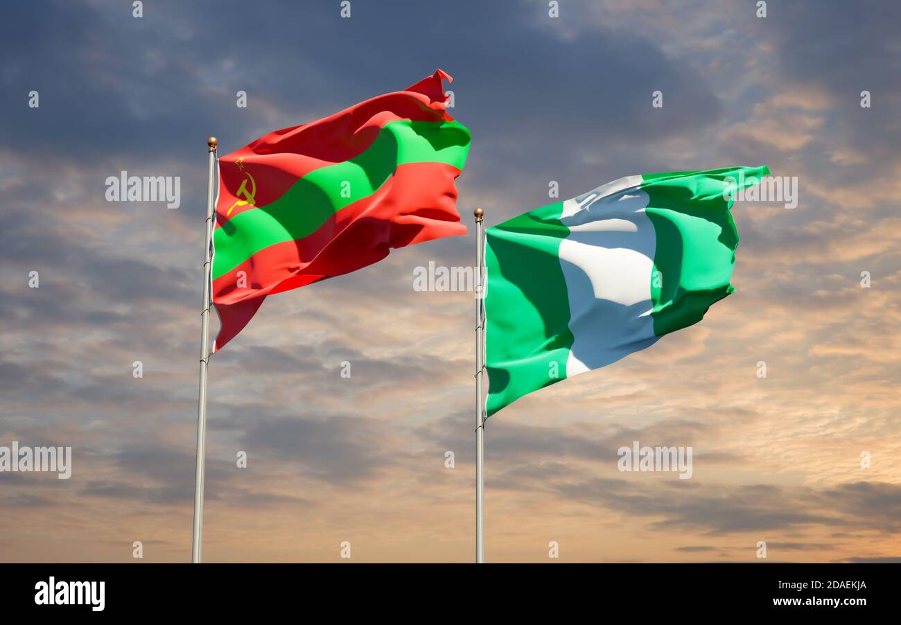 Belle bandiere nazionali di Transnistria e Nigeria insieme sullo sfondo del cielo. Concetto di grafica 3D. Foto Stock