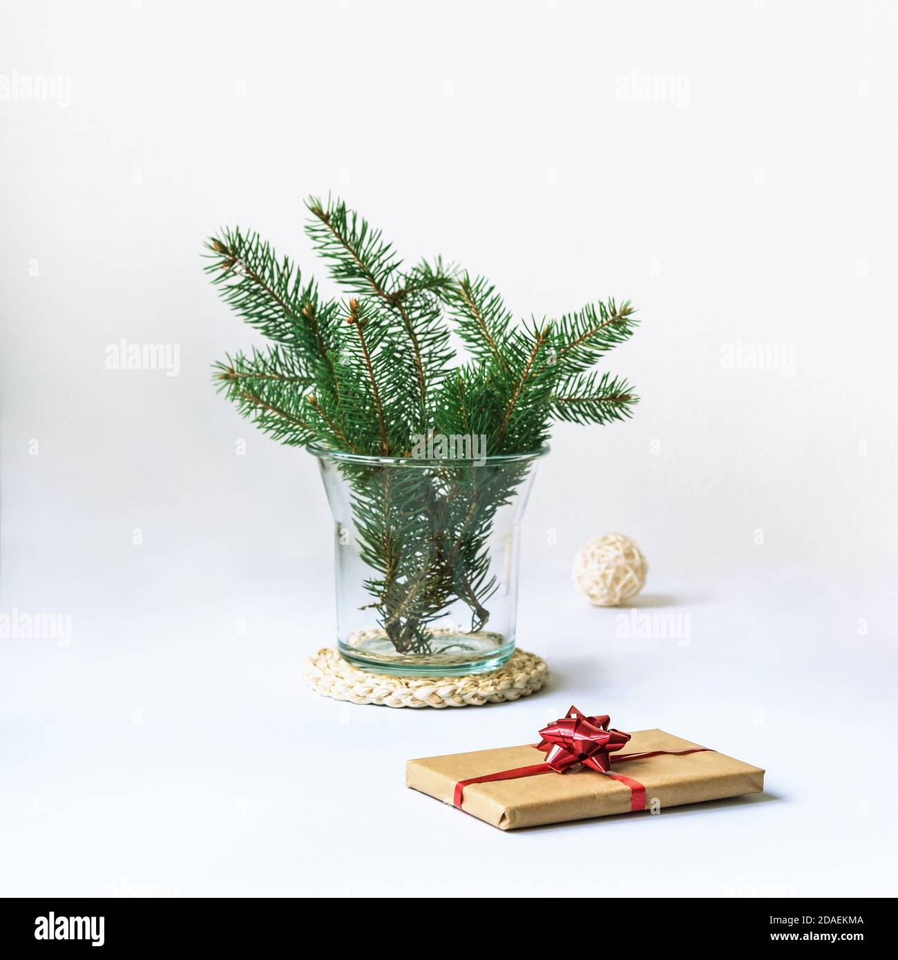 Regalo di Natale e rami di abete in vaso di vetro, su sfondo bianco, layout minimalista di Natale. Foto Stock