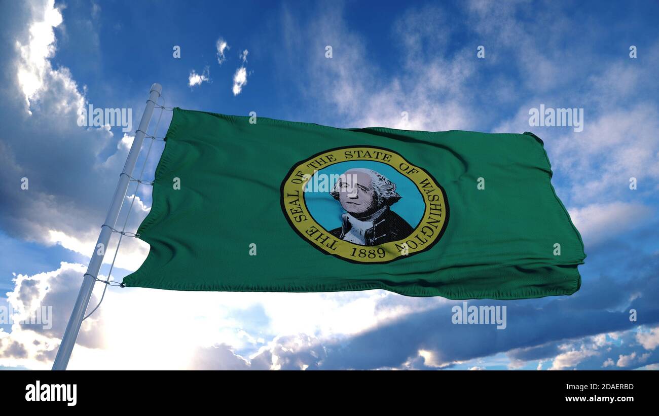 Bandiera di Washington su un flagpole che sventola nel vento, cielo blu sfondo. rendering 3d Foto Stock