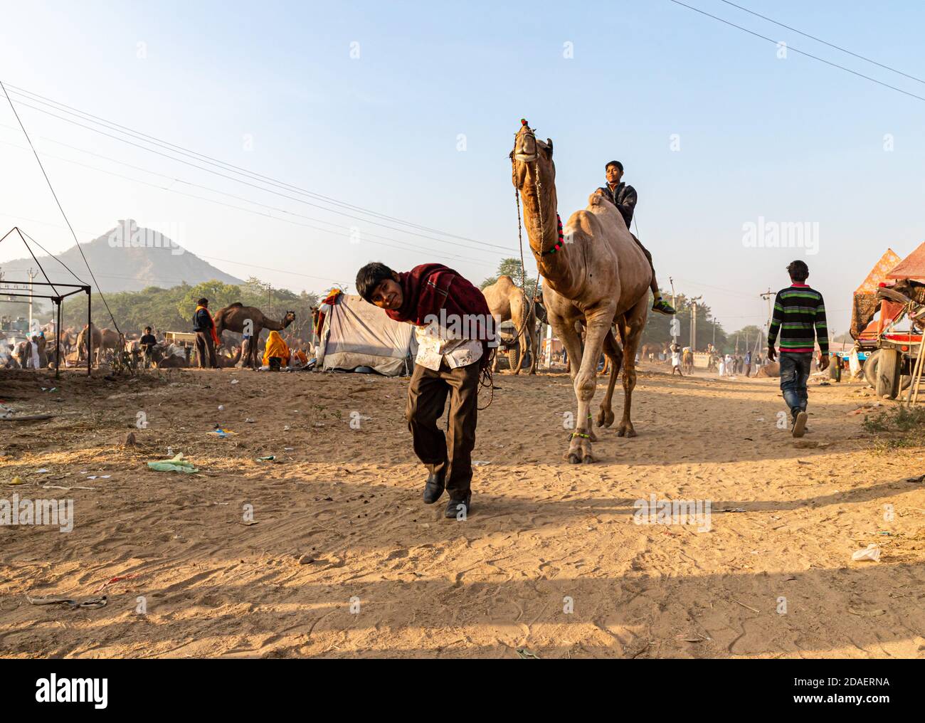 un uomo va in modo divertente con il suo cammello. Foto Stock