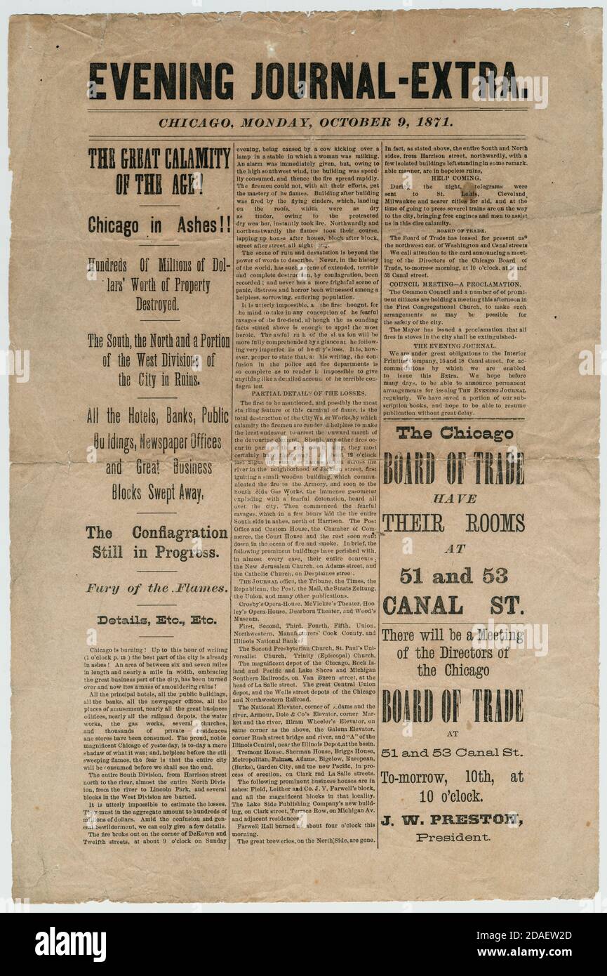 Prima pagina del Chicago Evening Journal-Extra per il 9 ottobre 1871. Il titolo legge la Grande calamità dell'era per quanto riguarda il fuoco di Chicago del 1871. Foto Stock