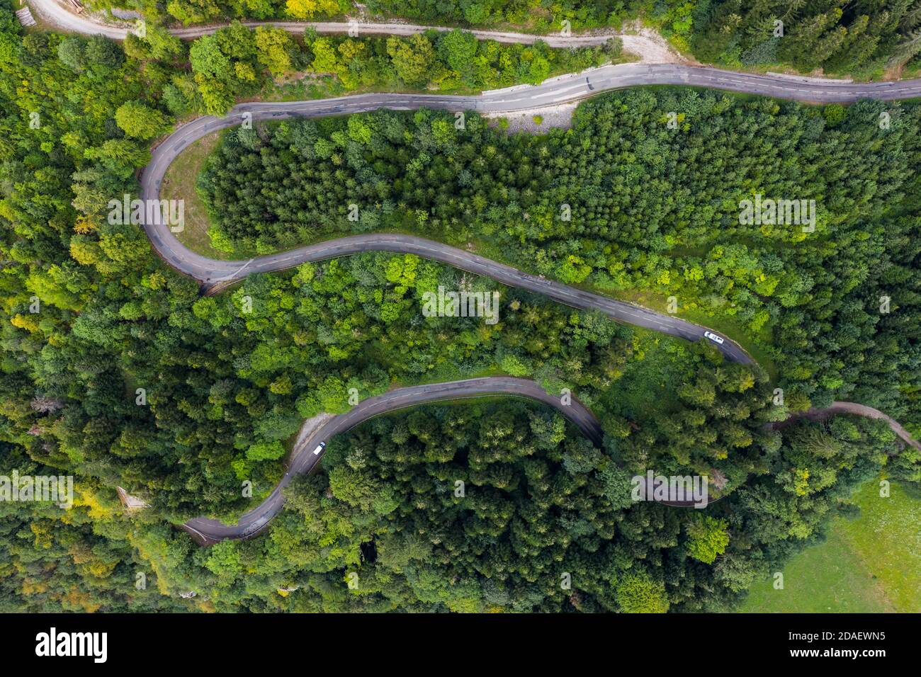 Vista aerea di una tortuosa strada di campagna che passa attraverso la foresta verde e la montagna. Le auto da campeggio bianche stanno passando attraverso. Foto Stock