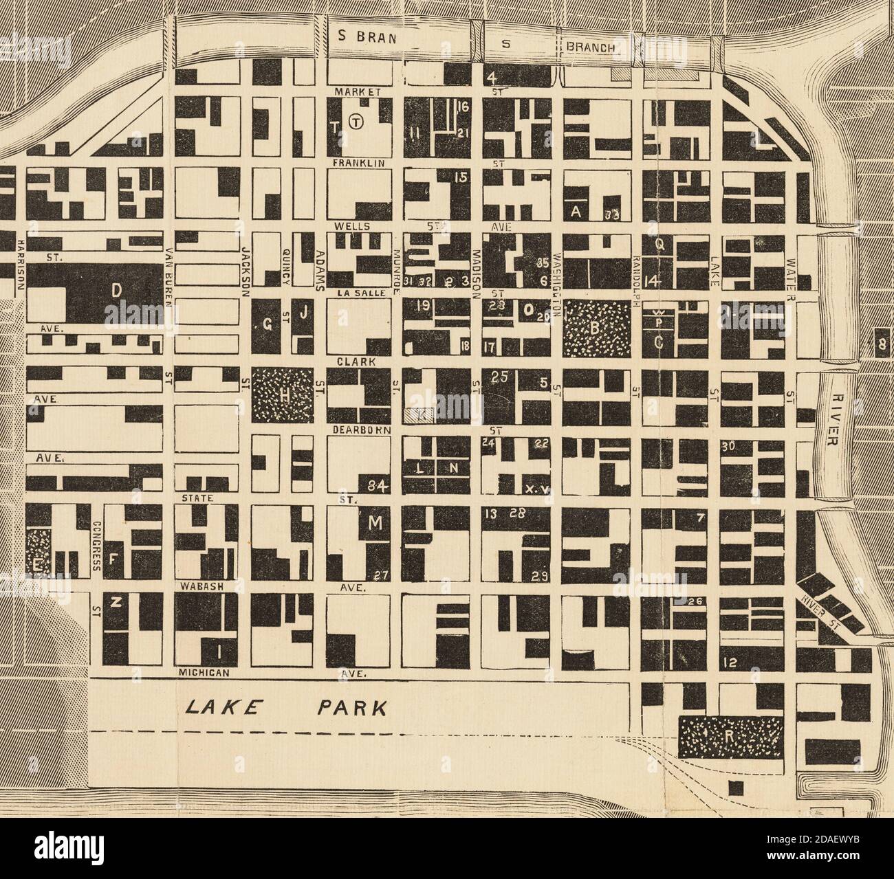 Mappa del centro di Chicago ricostruito dopo il fuoco di Chicago del 1871. Pubblicato a New Chicago dal Chicago Times, 1872. Foto Stock