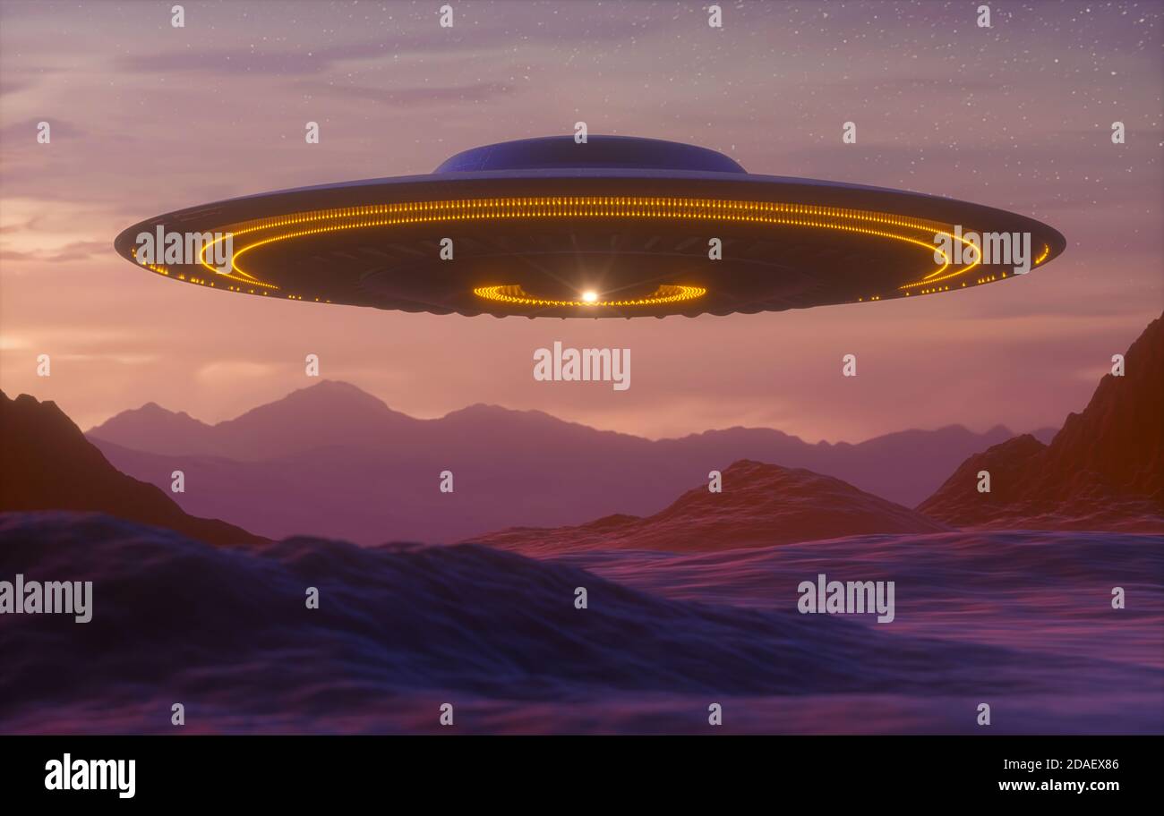 Oggetto Volante non Identificato - UFO. Fantascienza il concetto di immagine di ufologia e di vita al di fuori del pianeta Terra. Percorso di clipping incluso. Foto Stock