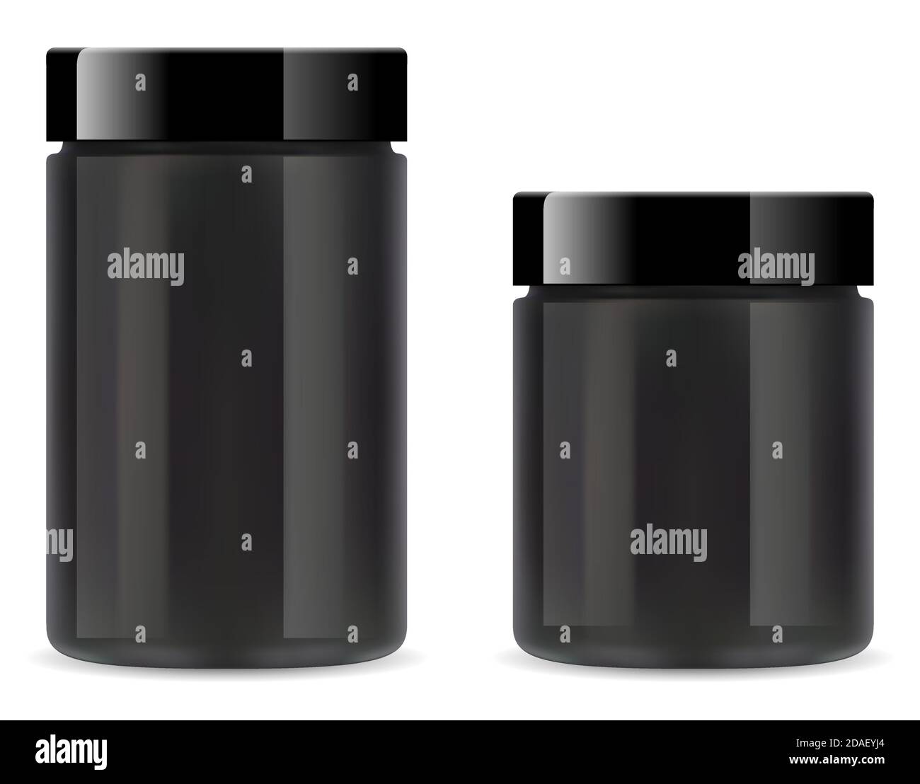 Vasetto supplementare. Fondo proteico di plastica nero su fondo bianco. Provetta per polvere di siero di latte in bianco vettoriale 3d. Bombole rotonde in vetro lucido per crema di bellezza pr Illustrazione Vettoriale