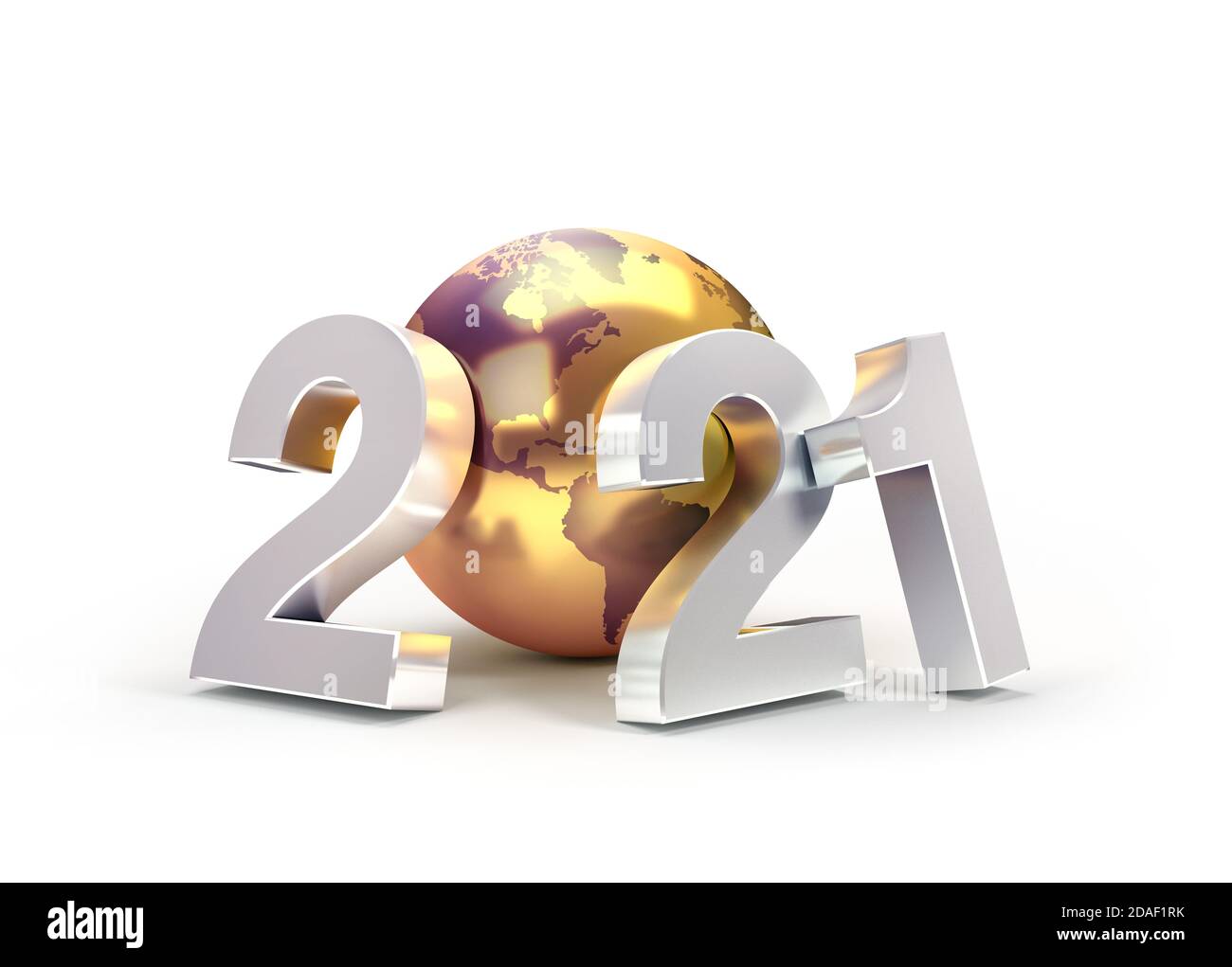 2021 Data del nuovo anno numero composto da un pianeta dorato terra, focalizzato sull'America, isolato su bianco - illustrazione 3D Foto Stock