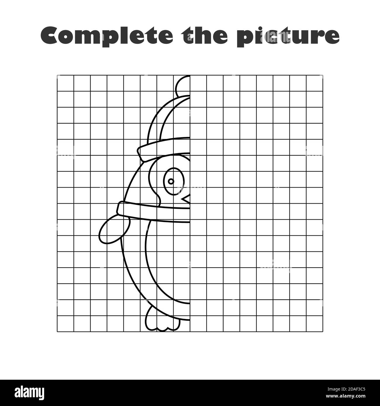 Completa la foto, pinguino bianco nero in stile cartone animato, abilità di disegno formazione, gioco educativo per lo sviluppo dei bambini, bambini prescolare Illustrazione Vettoriale