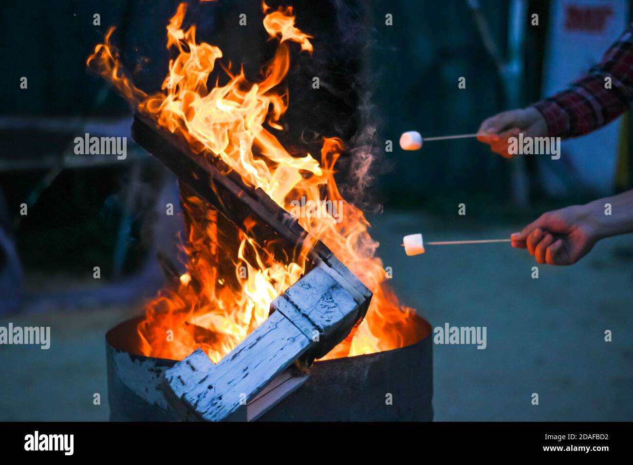 Due uomini che tengono i bastoni con il marshmallow, arrostendoli sul fuoco nella notte. Atmosfera accogliente e calda per uno sfondo di relax e divertimento Foto Stock