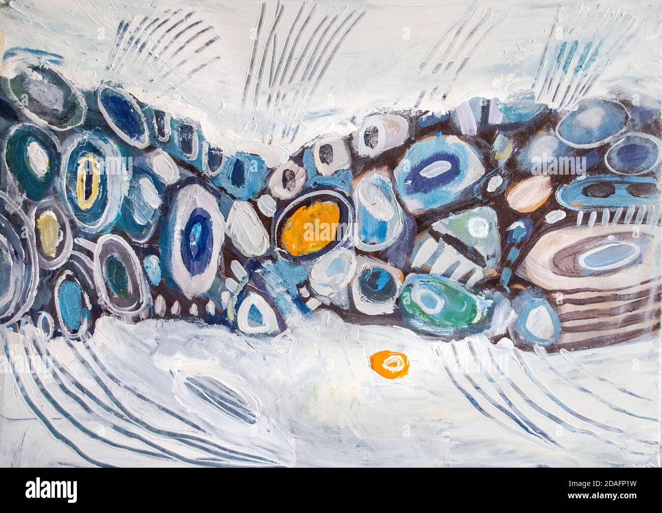 Disegnata a mano di pittura acrilica. L'arte astratta sfondo. Pittura Acrilica su tela di canapa. Colore e struttura. Frammento di opere d'arte. Pennellate di vernice. Ar moderno Foto Stock