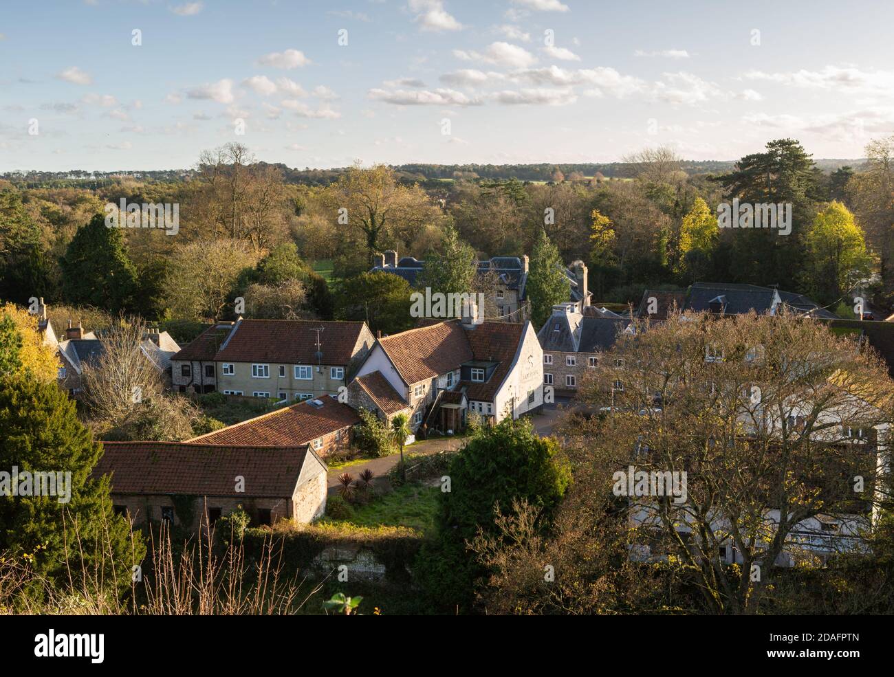 Vista posteriore del pub Dolphin e le case in Old Market Street, dalla cima di Castle Hill, Thetford, guardando a Barnham Common. Unsharpened Foto Stock