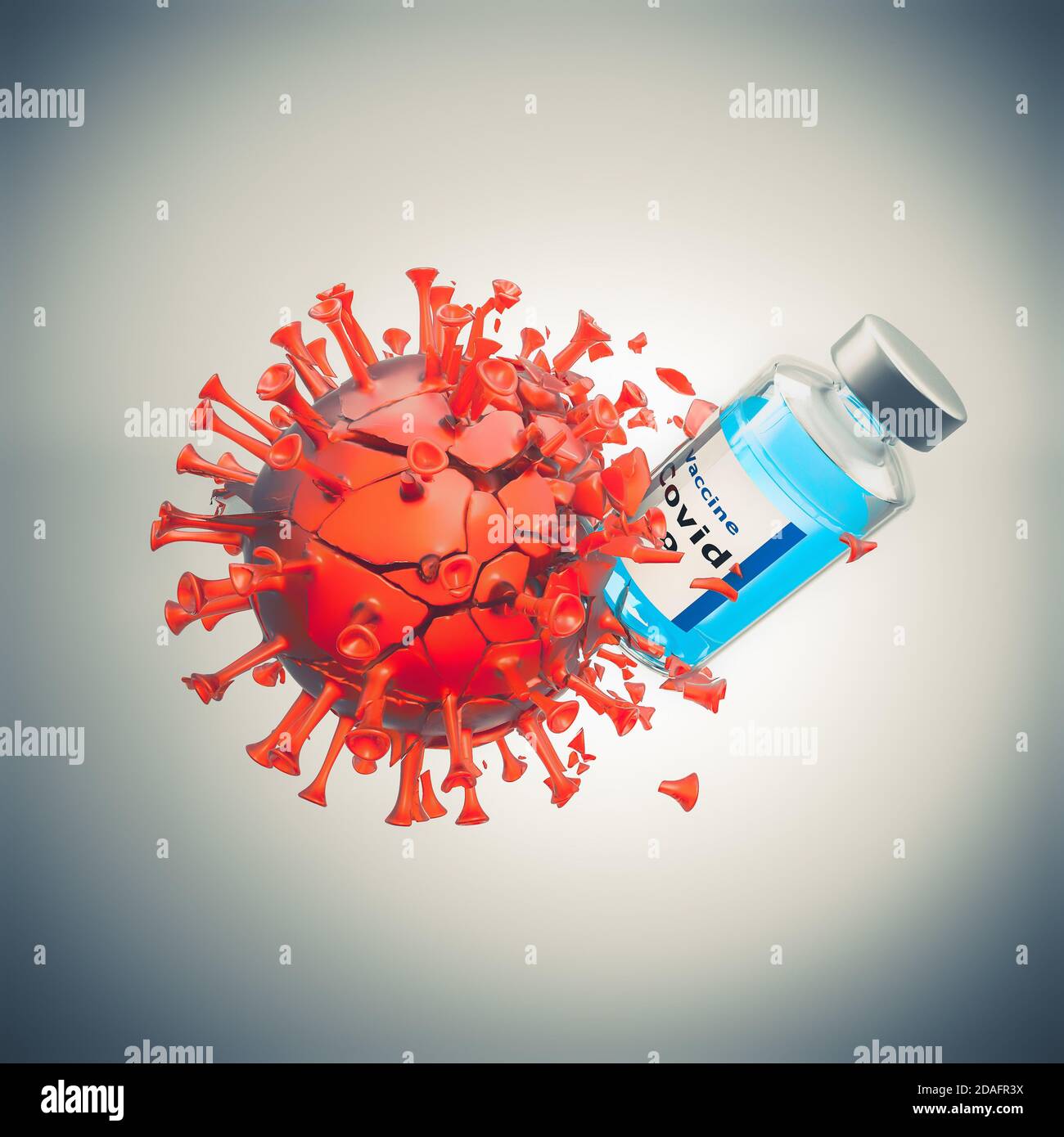 il vaccino colpisce distrugge e sconfigge il virus covid-19. rendering 3d. Foto Stock