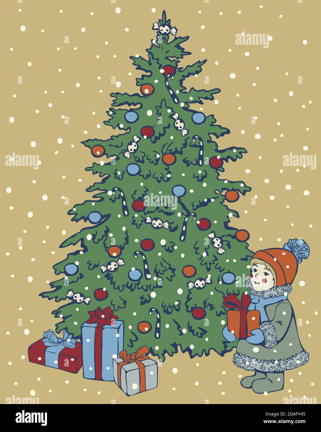 Vector Xmas cartolina design con albero di Natale decorato e ragazza con scatola regalo. Illustrazione del nuovo anno. Illustrazione Vettoriale