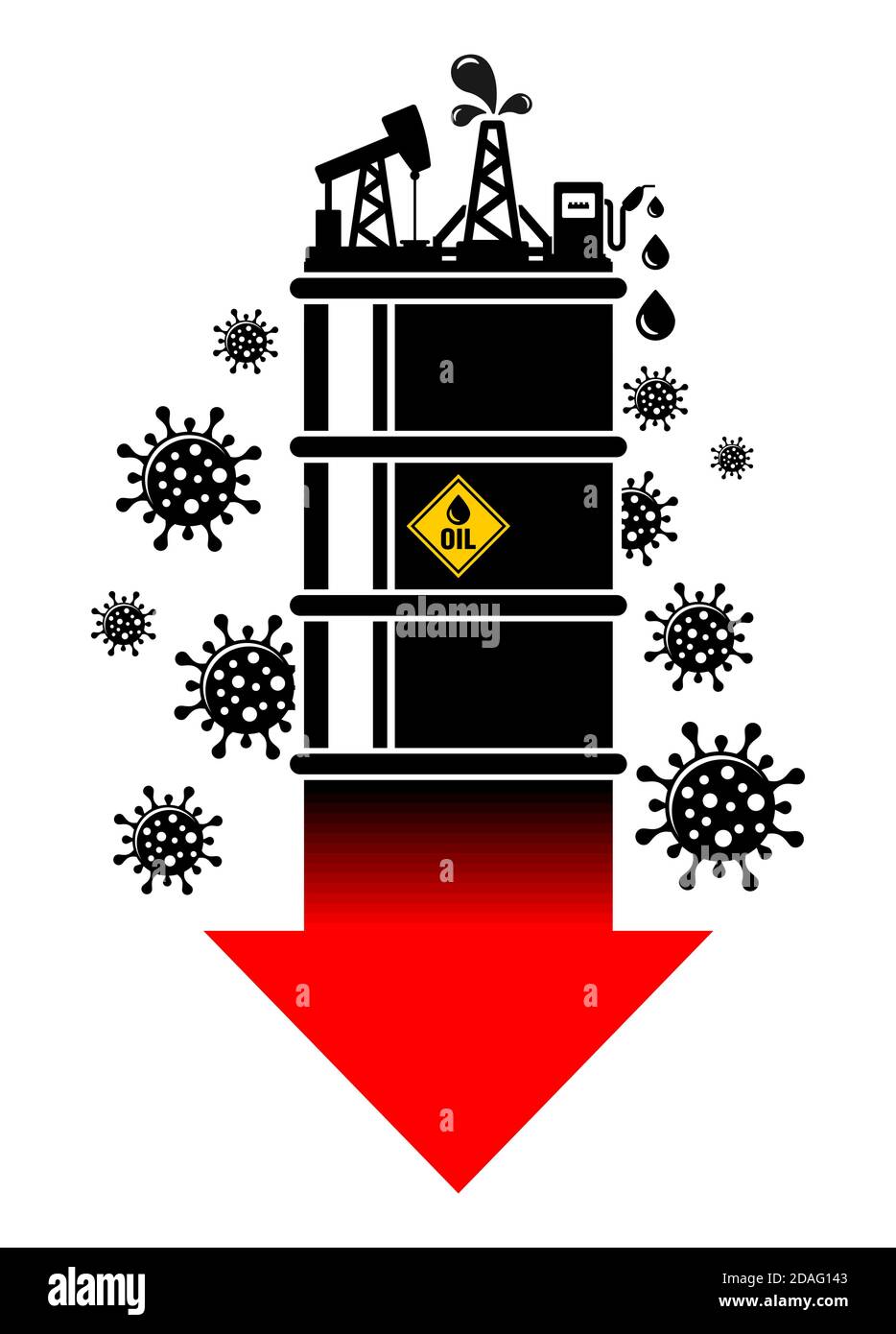 Crisi mondiale del petrolio dovuta al coronavirus (COVID-19). Riduzione del prezzo per barile. Recessione economica mondiale. Illustrazione, vettore Illustrazione Vettoriale