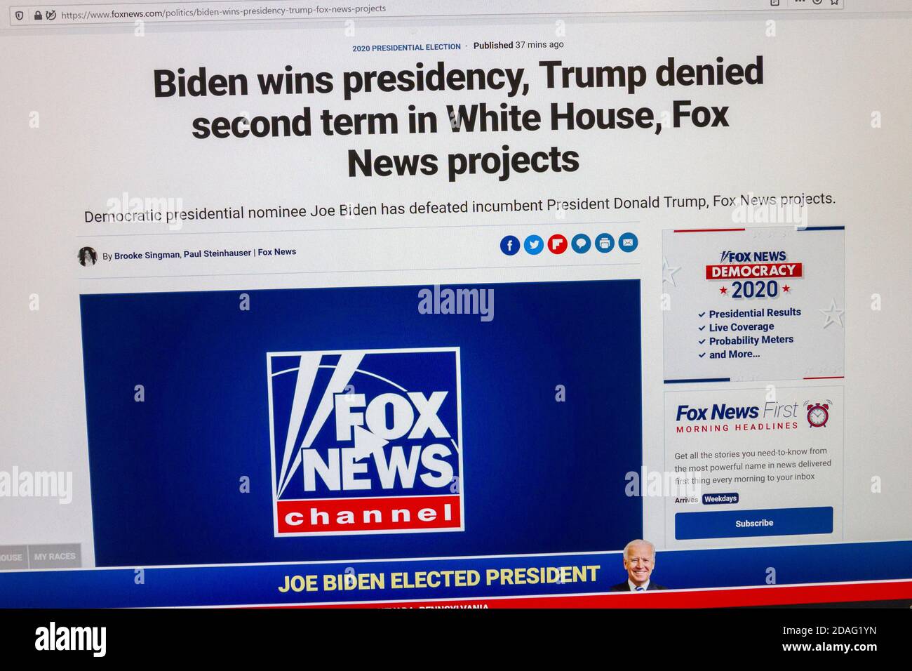 Fox News headline screenshot, 7 novembre 2020 quando Joe Biden è stato dichiarato il vincitore delle elezioni presidenziali del 2020 negli Stati Uniti. Foto Stock