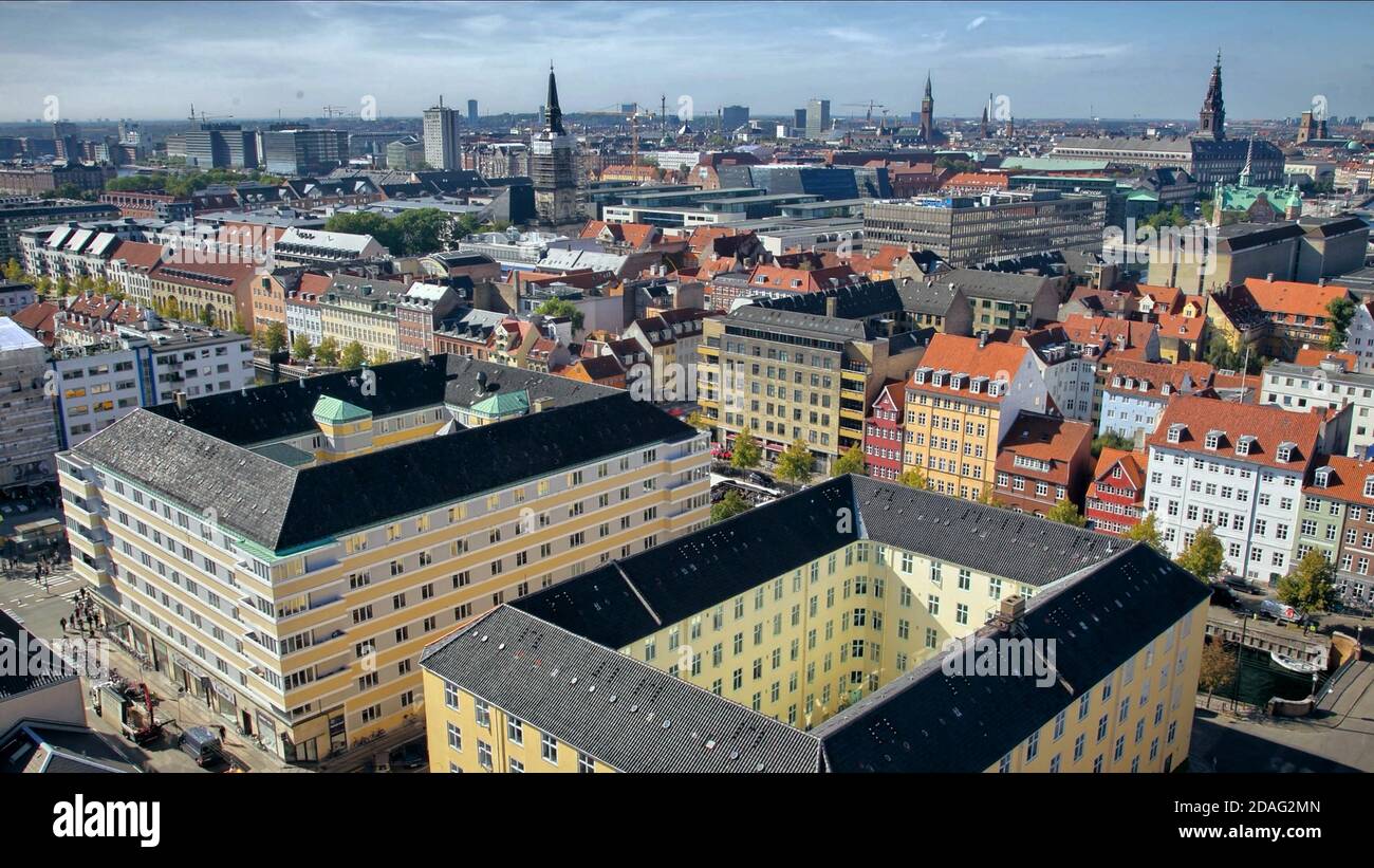 Vista ad alto angolo dei vecchi edifici di Copenhagen, Danimarca Foto Stock