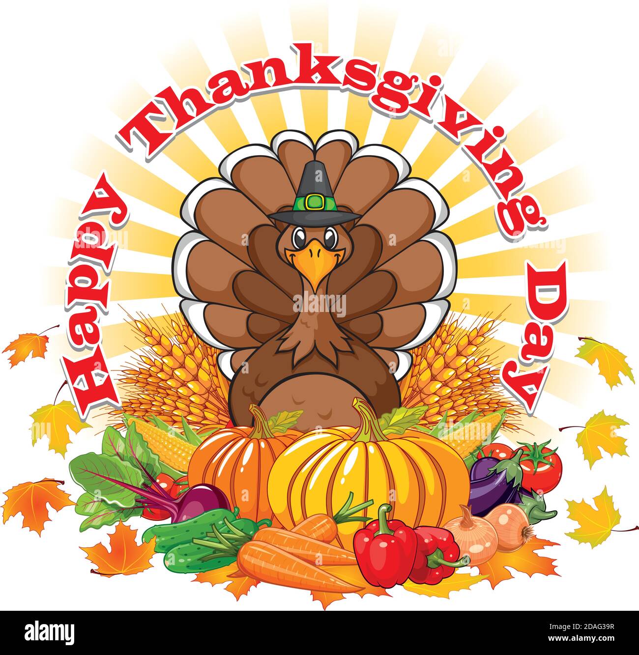 Happy Thanksgiving Day - biglietto d'auguri con tacchino, raccolto di verdure e foglie d'autunno Illustrazione Vettoriale