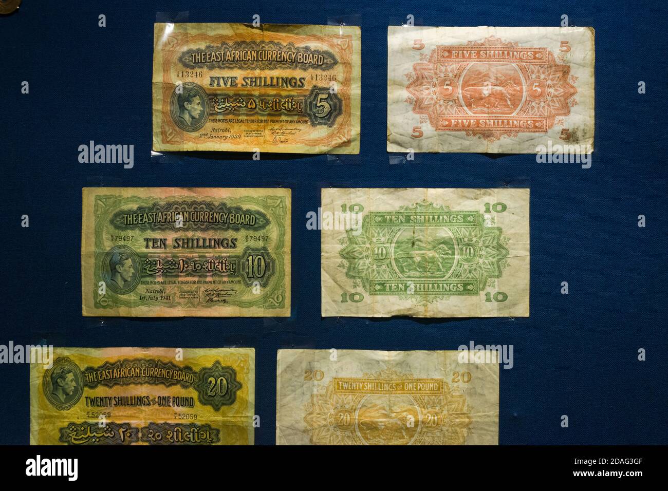 Varie vecchie banconote dell East African Currency Board sul display, Nairobi National Museum, Kenya Foto Stock