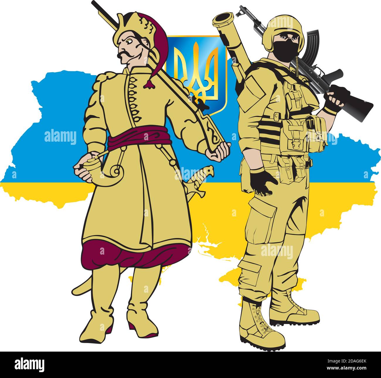 Soldati ucraini - Zaporozhye Cossack e un soldato moderno contro La silhouette dell'Ucraina Illustrazione Vettoriale