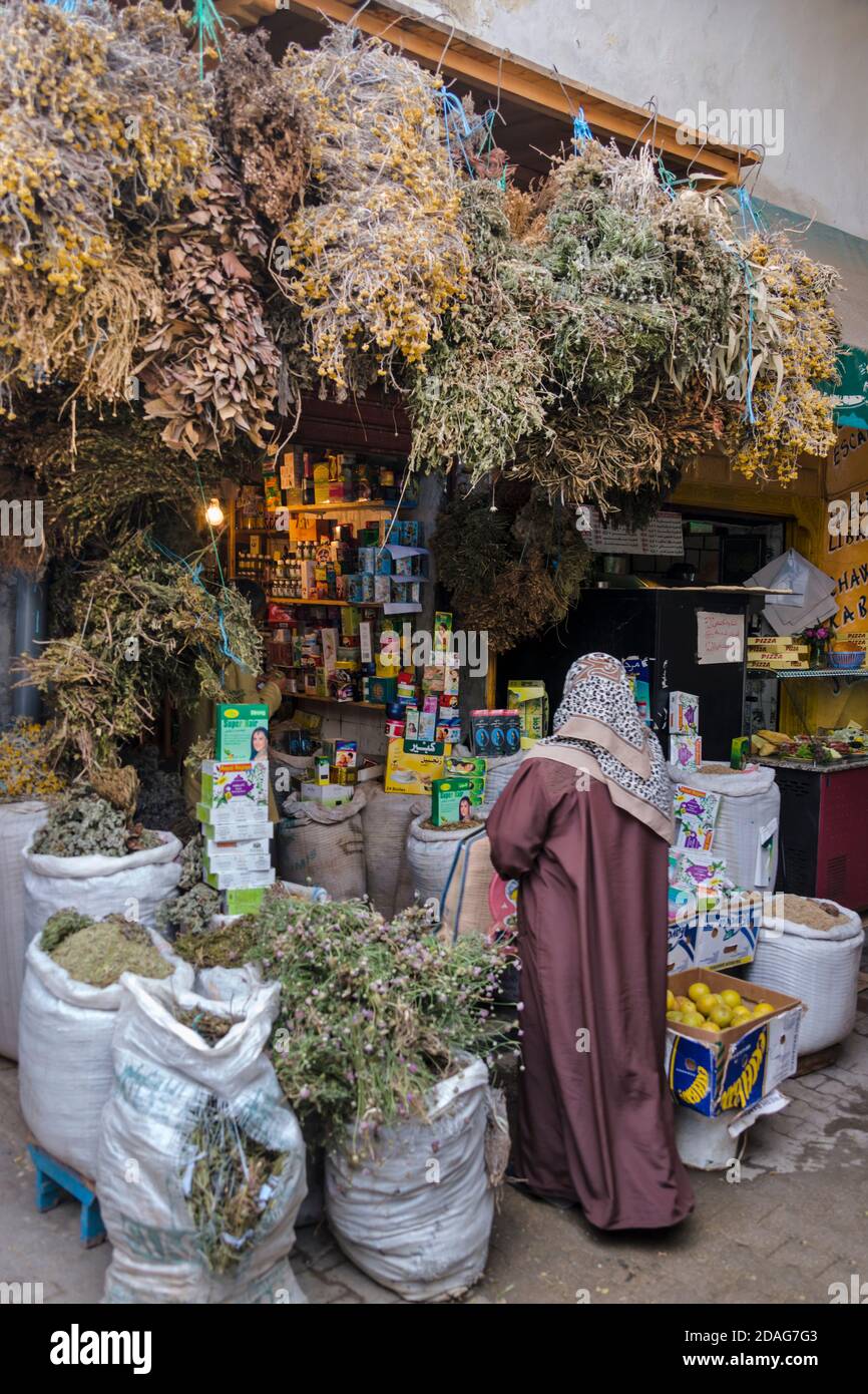 Vendita di erbe nella strada del mercato nella vecchia medina, Tunisi, Tunisia Foto Stock