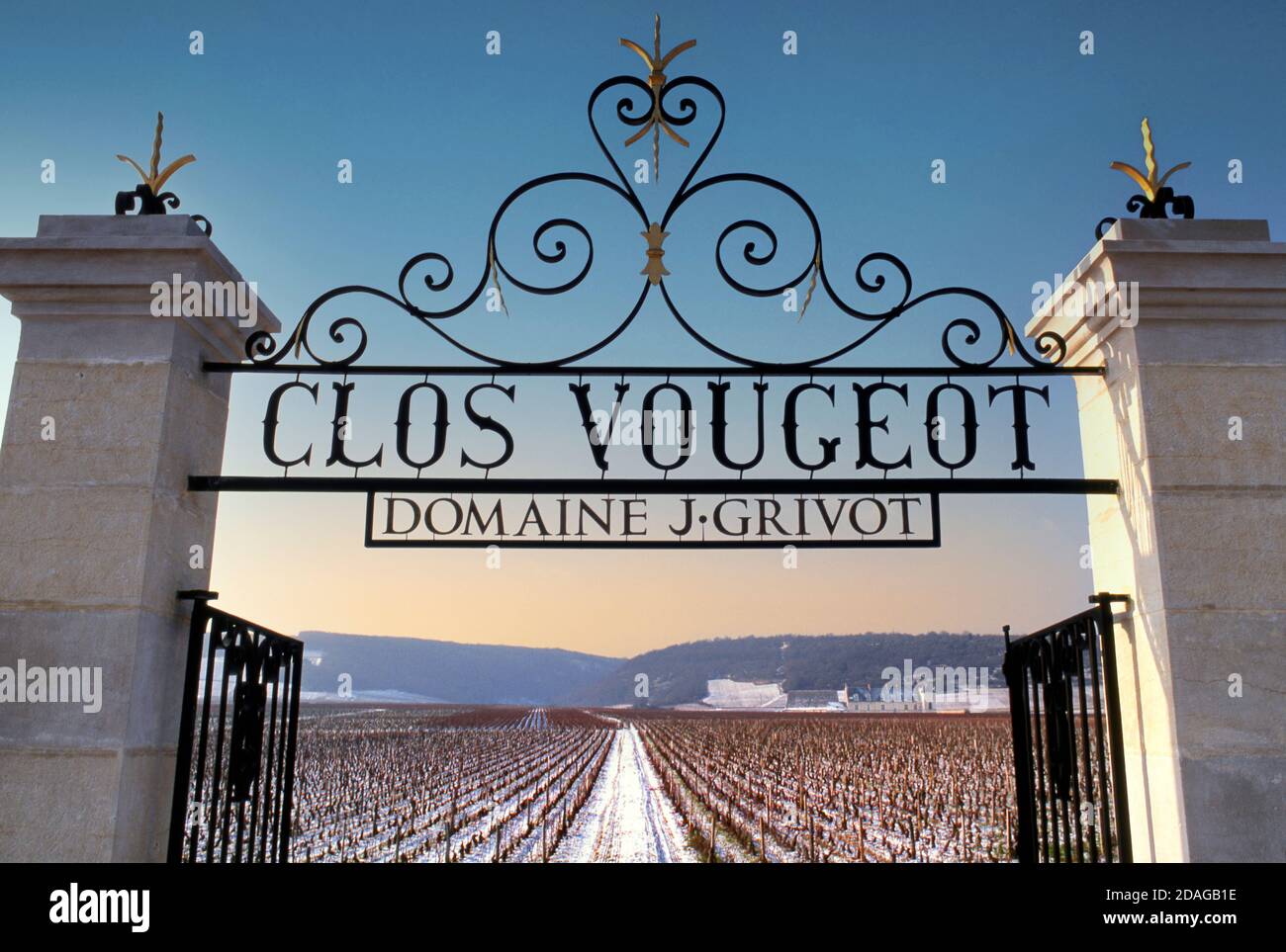 Clos de Vougeot neve inverno imponente cancello aperto ingresso al vigneto Grand Cru Clos Vougeot, in inverno sotto la neve leggera, Vougeot, Côte d'Or, Francia. Foto Stock