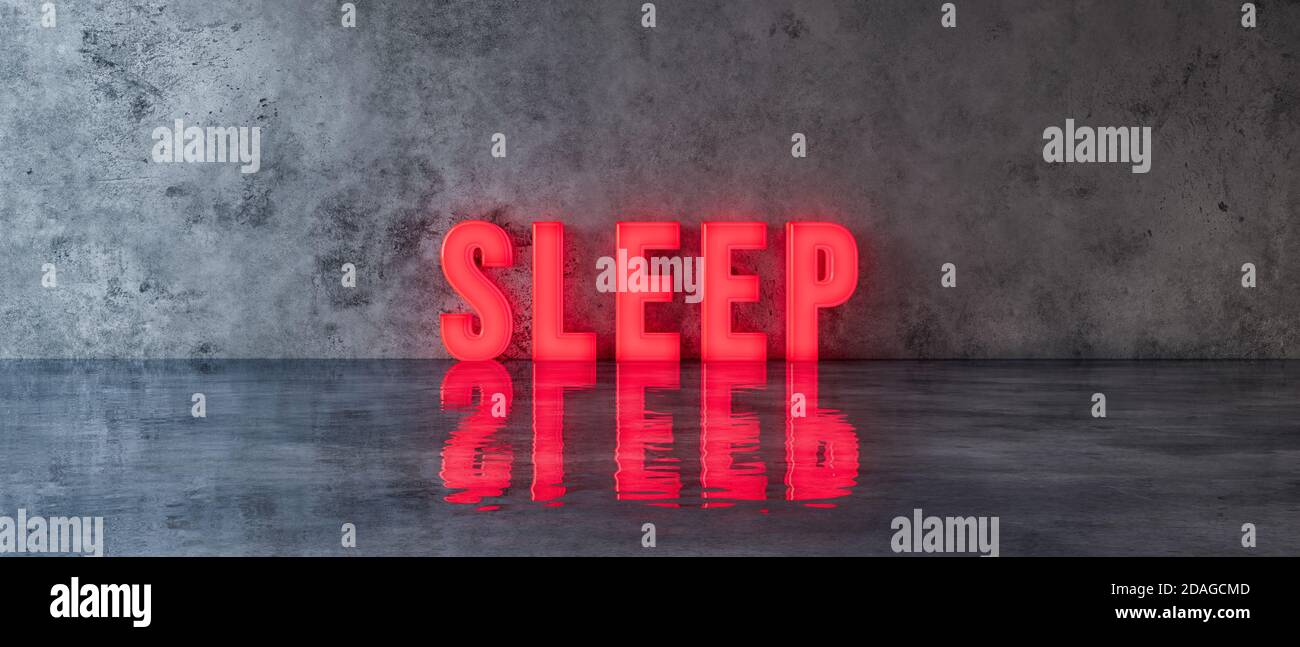Simbolo di testo SLEEP sulla parete in cemento 3d per il rendering di un'illustrazione 3d Foto Stock