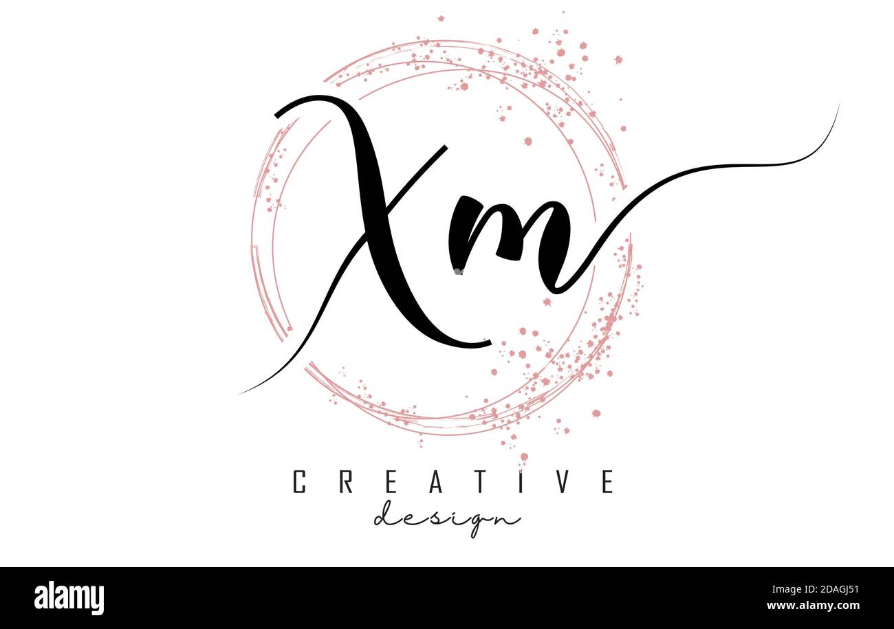 Logo scritto a mano XM X Mletter con cerchi scintillanti con glitter rosa. Illustrazione vettoriale decorativa con lettere X e M. Illustrazione Vettoriale