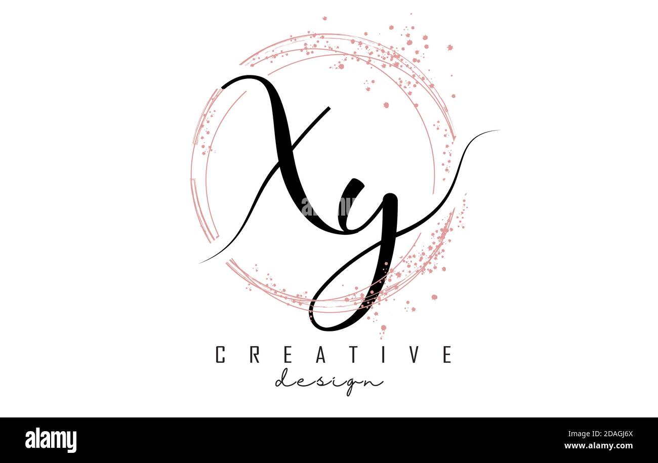 Logo scritto a mano XY X Y con cerchi scintillanti con glitter rosa. Illustrazione vettoriale decorativa con lettere X e Y. Illustrazione Vettoriale