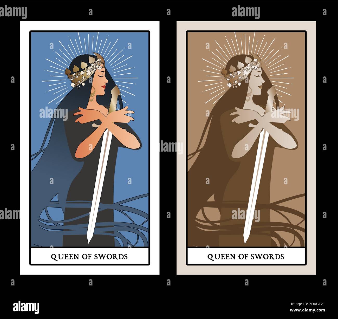 Regina delle spade con la corona delle spade, tenendo una spada circondata  dai suoi lunghi capelli. Carte Tarocchi arcana minori. Carte da gioco  spagnole Immagine e Vettoriale - Alamy
