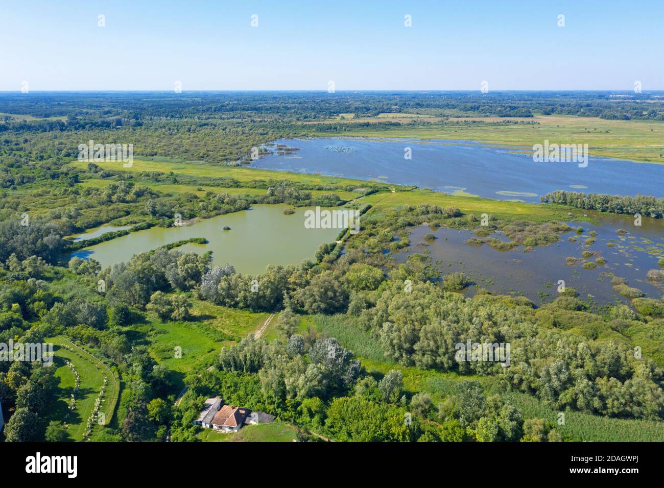 Lago Tiszaalpar, parte occidentale, vista dalla collina della chiesa, vista aerea, Ungheria, Bacs-Kiskun Foto Stock