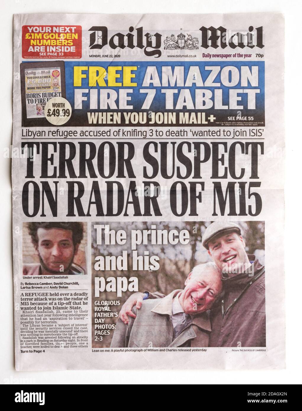 La prima pagina della posta quotidiana con il titolo Che Khairi Saadallah stava guardando dal MI5 Foto Stock