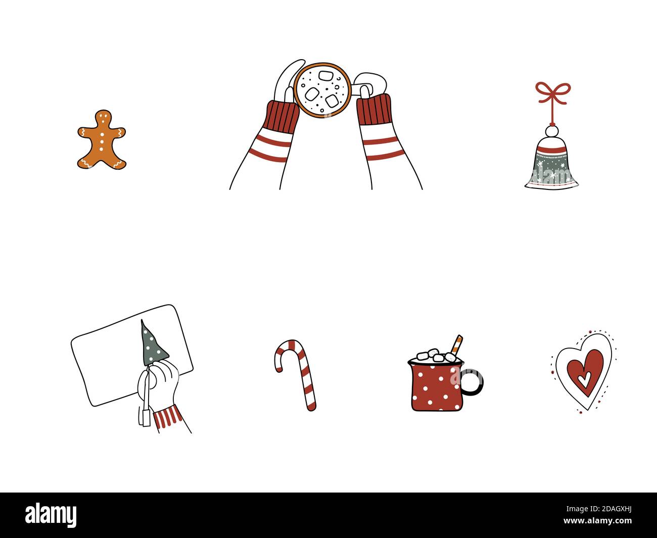 Set di elementi di design disegnati a mano di Natale. Collezione d'arte di Capodanno cute festa Things.Lady mani tenere tazza di caffè, uomo pan di zenzero, canna caramella Illustrazione Vettoriale