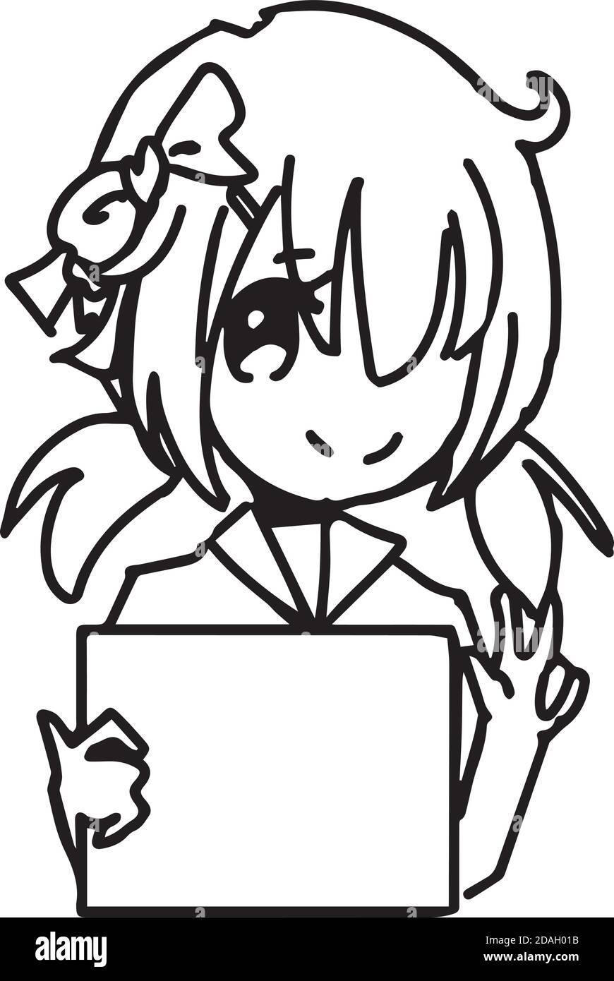illustrazione vettore doodle mano disegnata schizzo di una ragazza che tiene una scheda vuota isolata su sfondo bianco Illustrazione Vettoriale