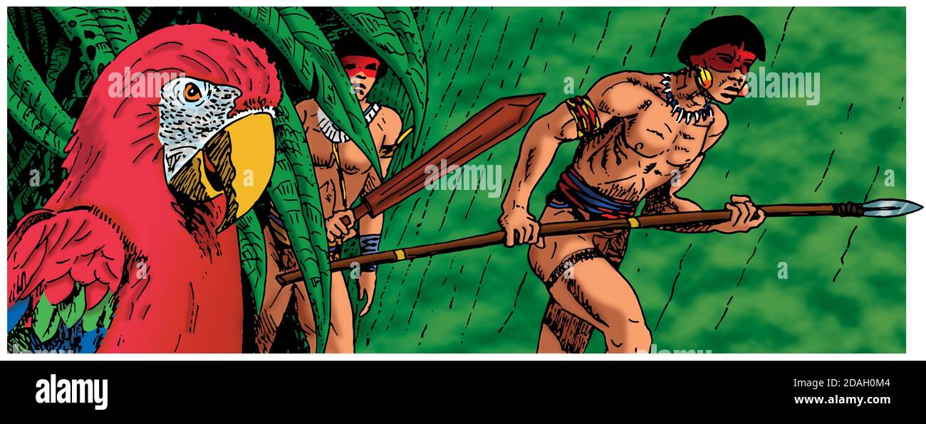 Illustrazione di uomini indigeni brasiliani che camminano attraverso la foresta pluviale e pappagallo colorato, in stile fumetto. Colorizzazione digitale e disegnata a mano. Foto Stock